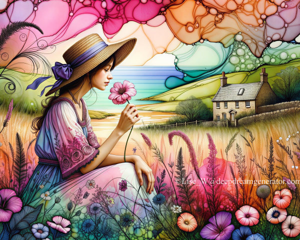 Young woman in straw hat in colorful landscape scene