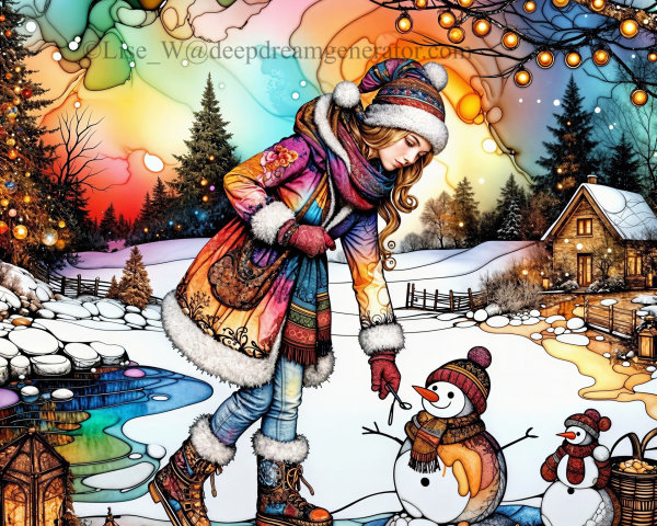 Girl in Colorful Coat Builds Snowman in Winter Scene
