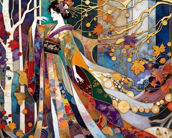 Elegant Kimono with Floral Patterns in Autumn Scene