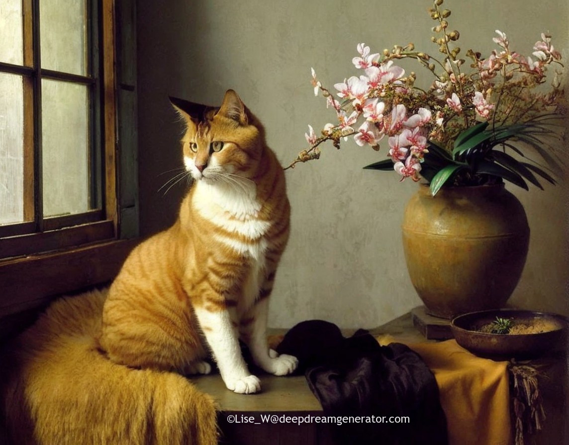 Orange and White Cat by Window with Pink Flowers and Dog