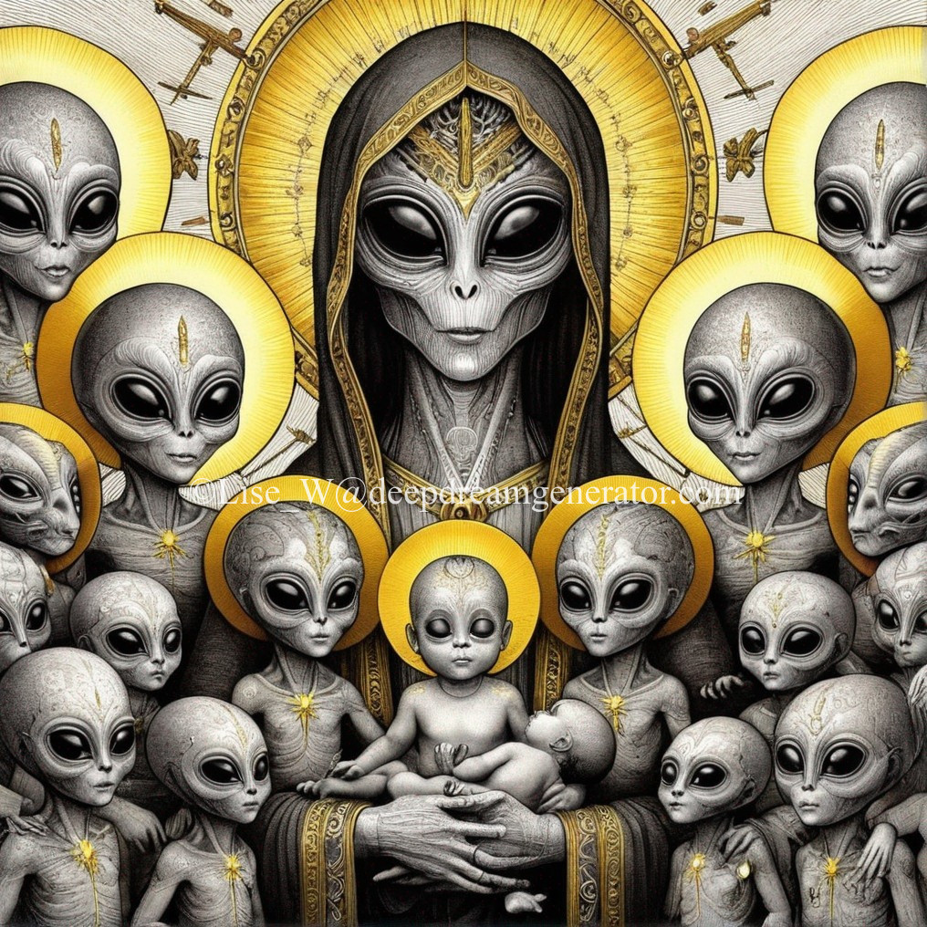 Stylized Extraterrestrial Beings with Religious Imagery