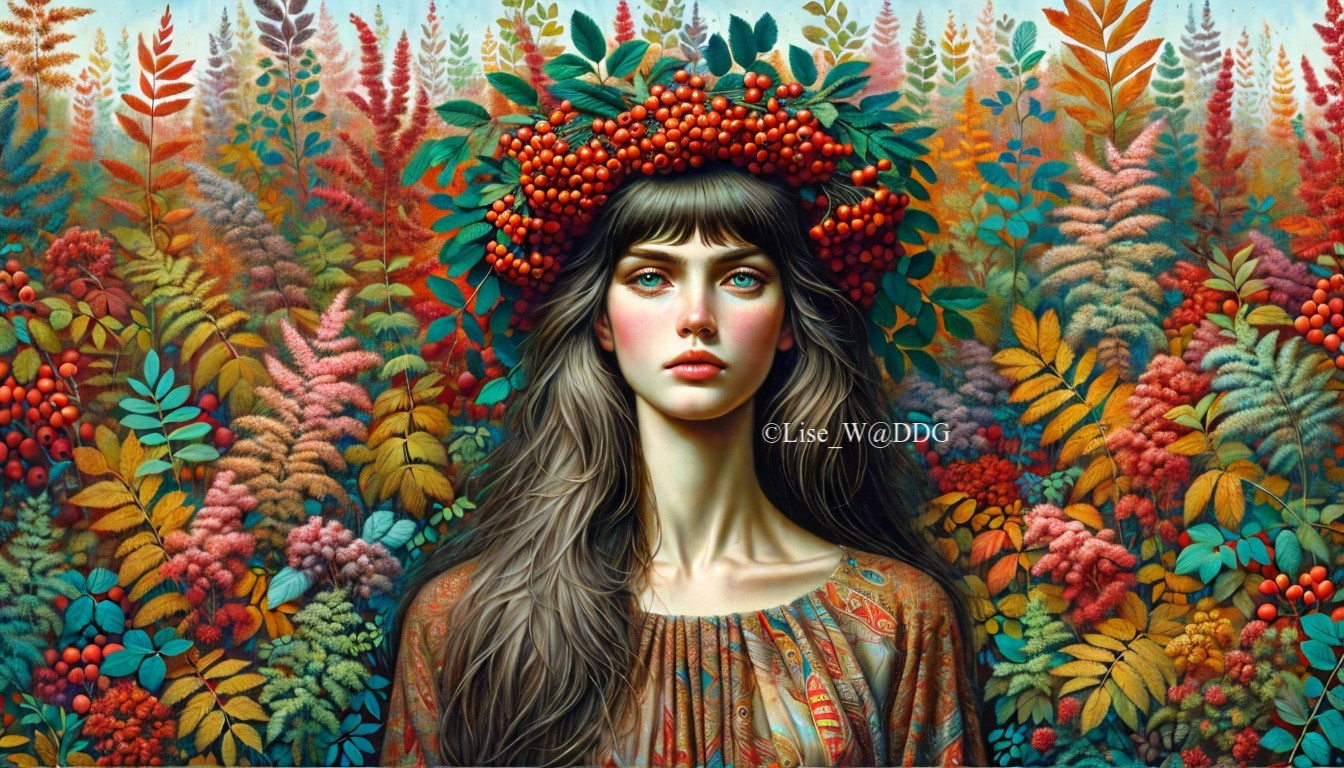 Young woman in floral background with berry crown