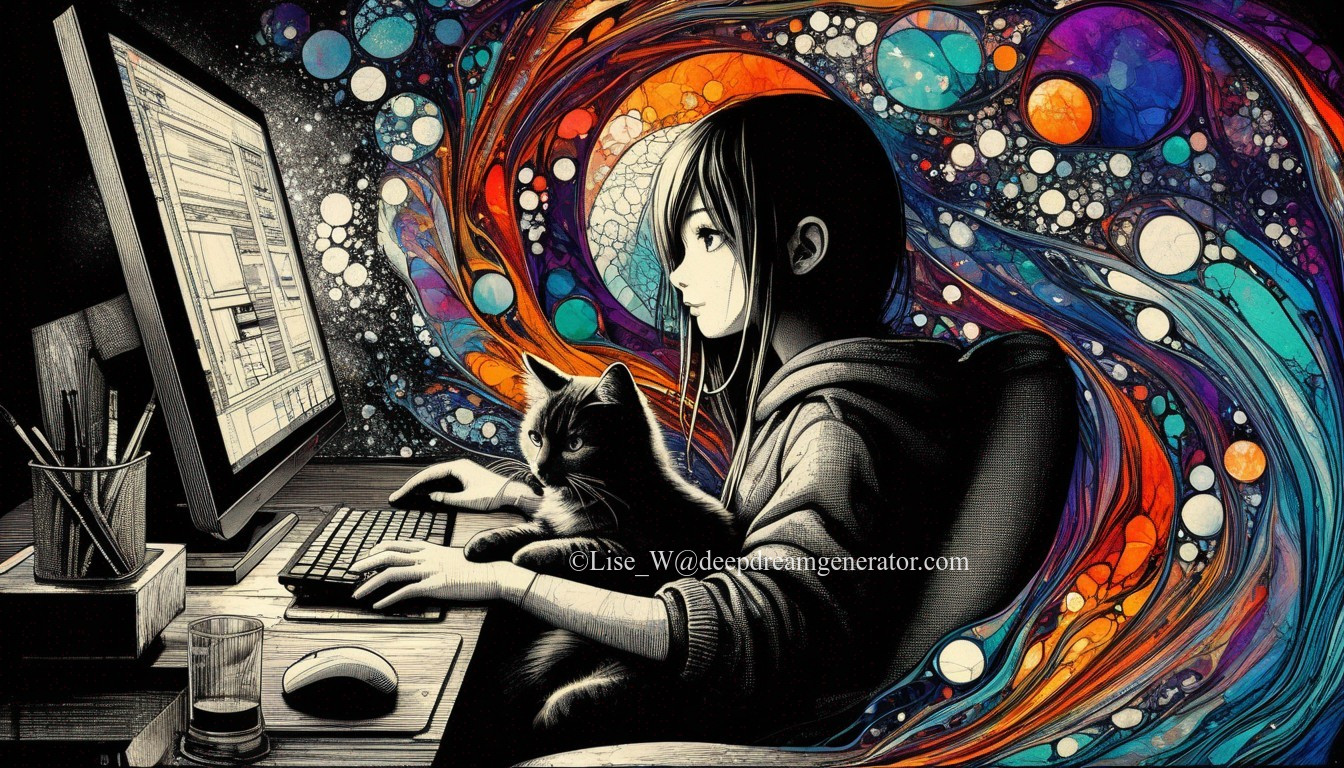 Person Working on Computer with Cat and Cosmic Art