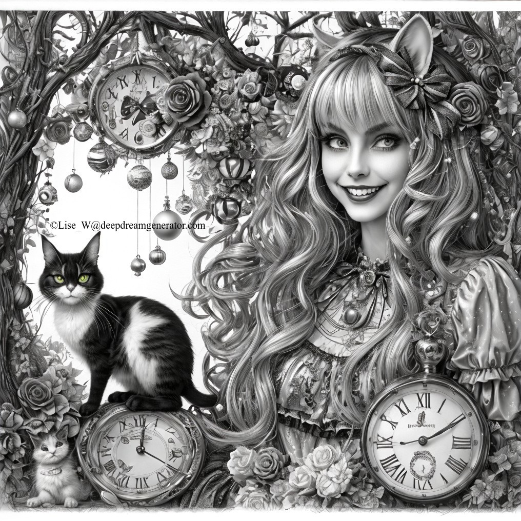Monochrome illustration of woman with cat, roses, clocks, and intricate details