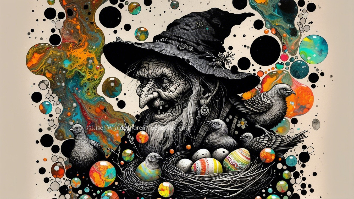 Whimsical Illustration of an Old Witch and Bubbles