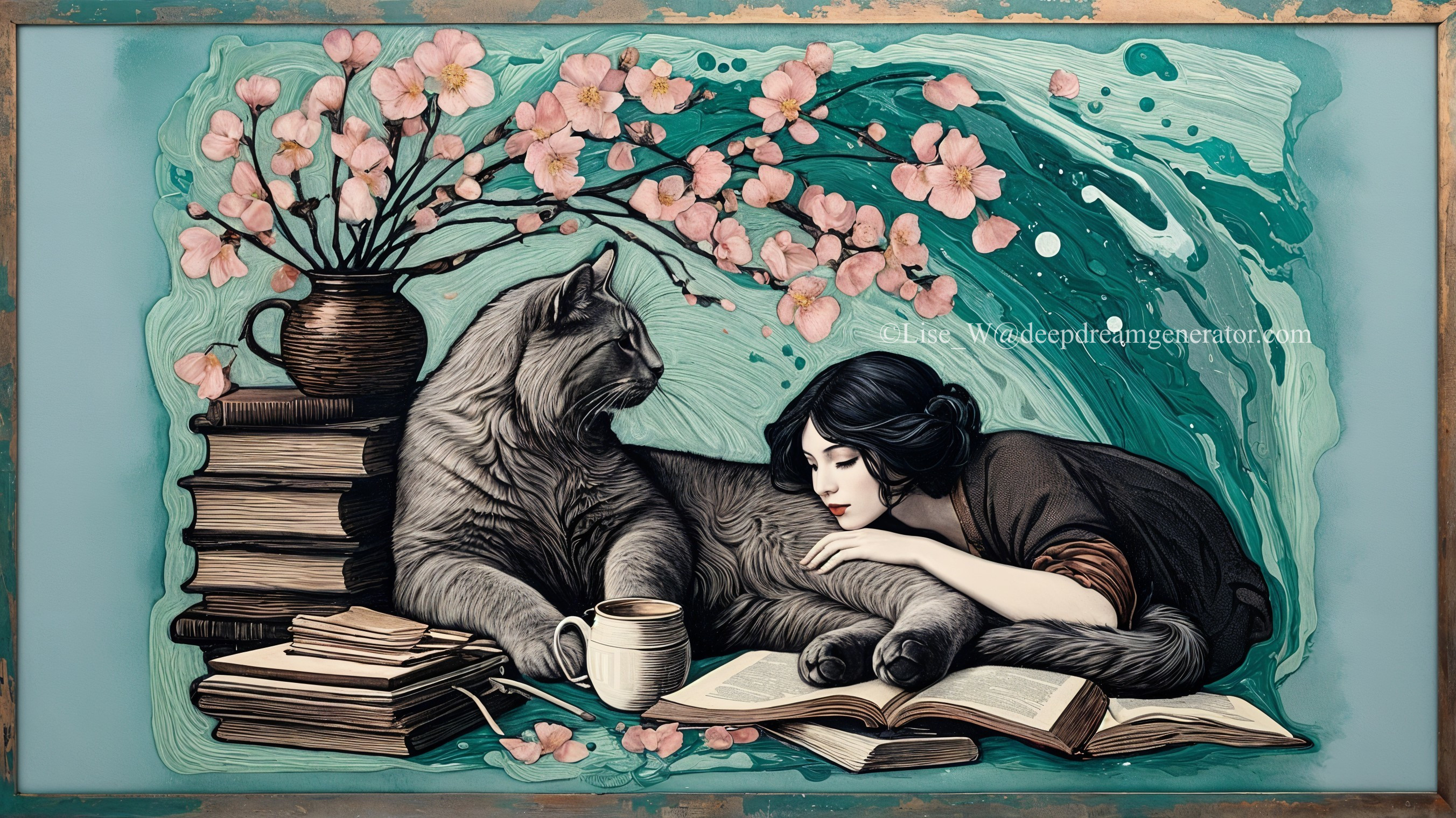 Woman and large cat in serene reading nook setting