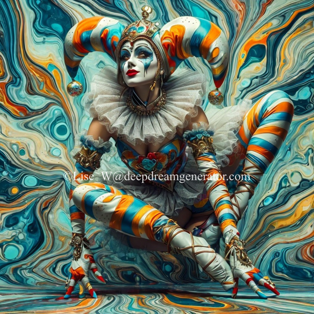 Surreal Clown Costume with Colorful Swirling Patterns