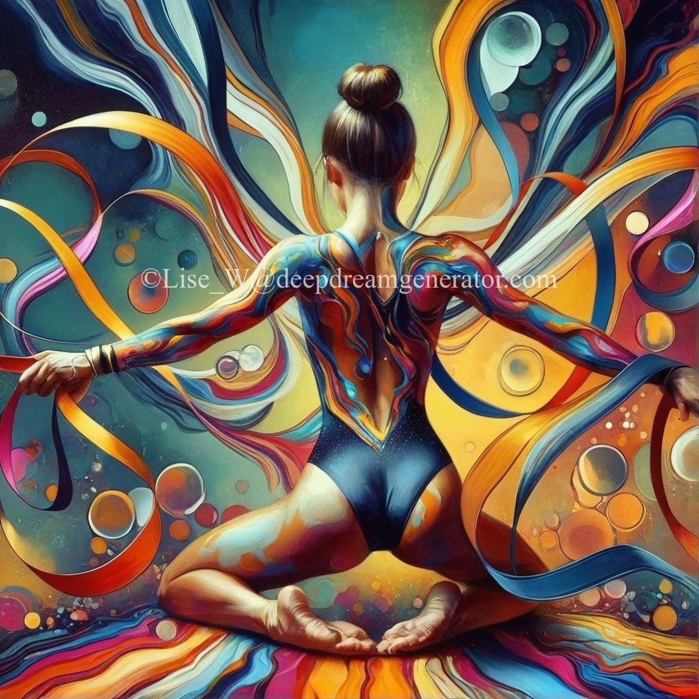 Woman in Rhythmic Gymnastics Pose with Colorful Wings