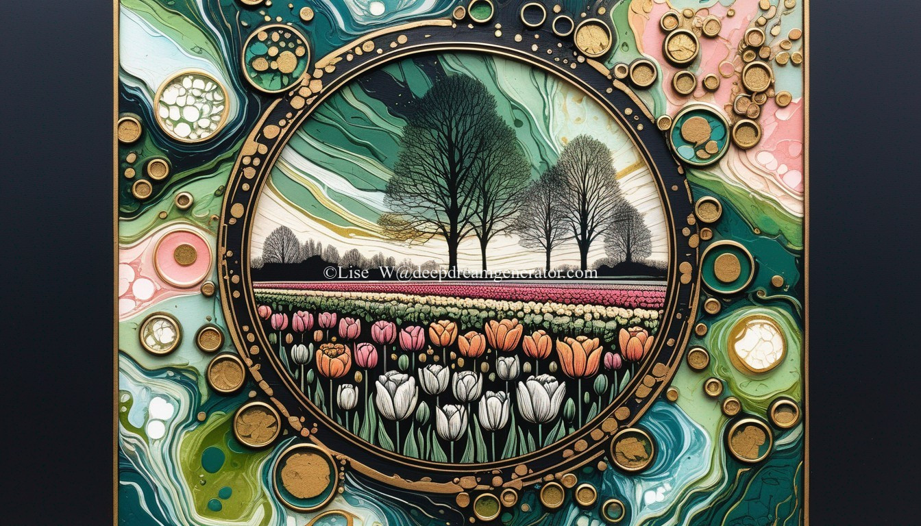 Circular Landscape with Trees and Tulips in Colorful Swirls