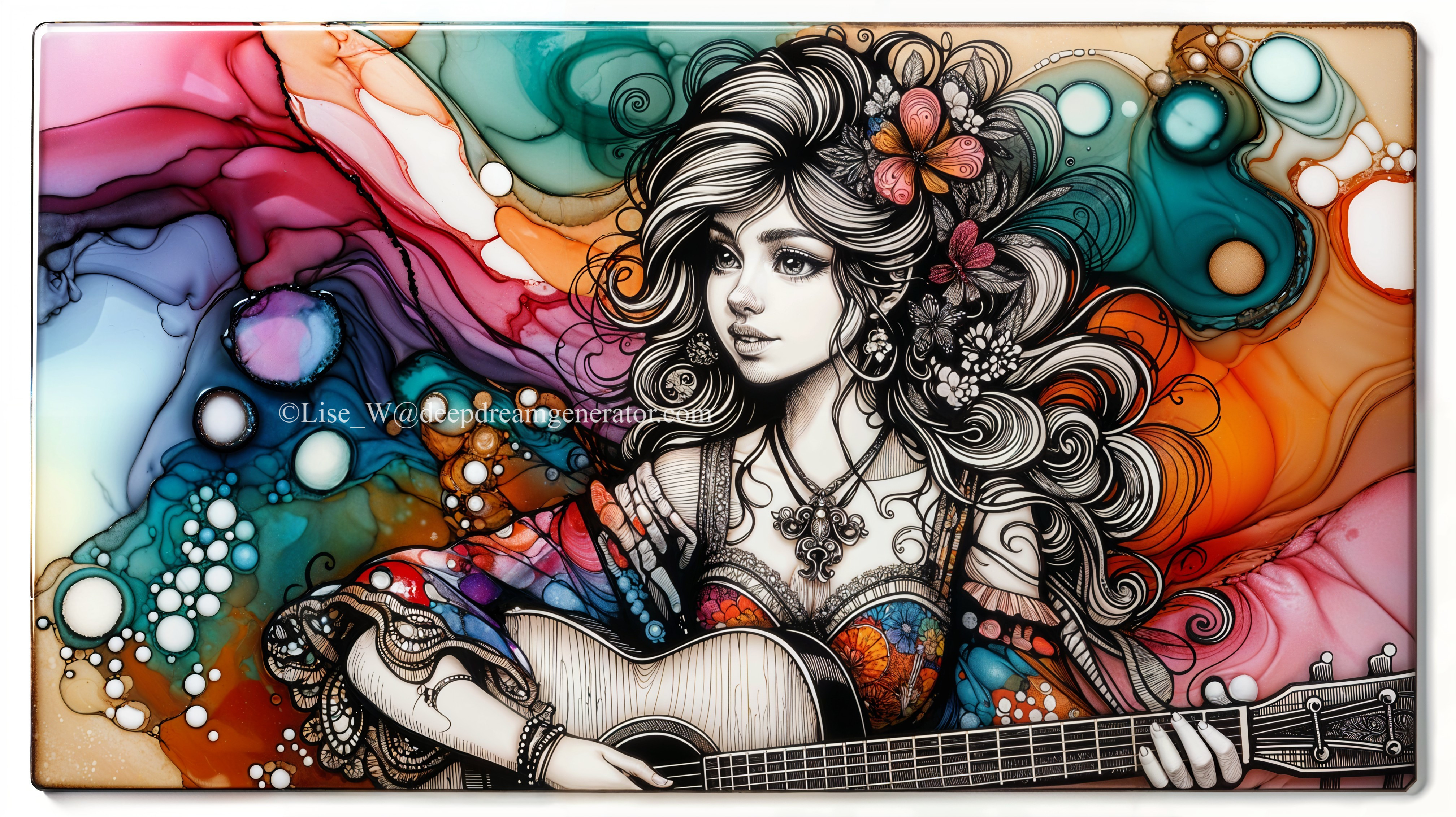 Vibrant Illustration of a Young Woman Playing Guitar