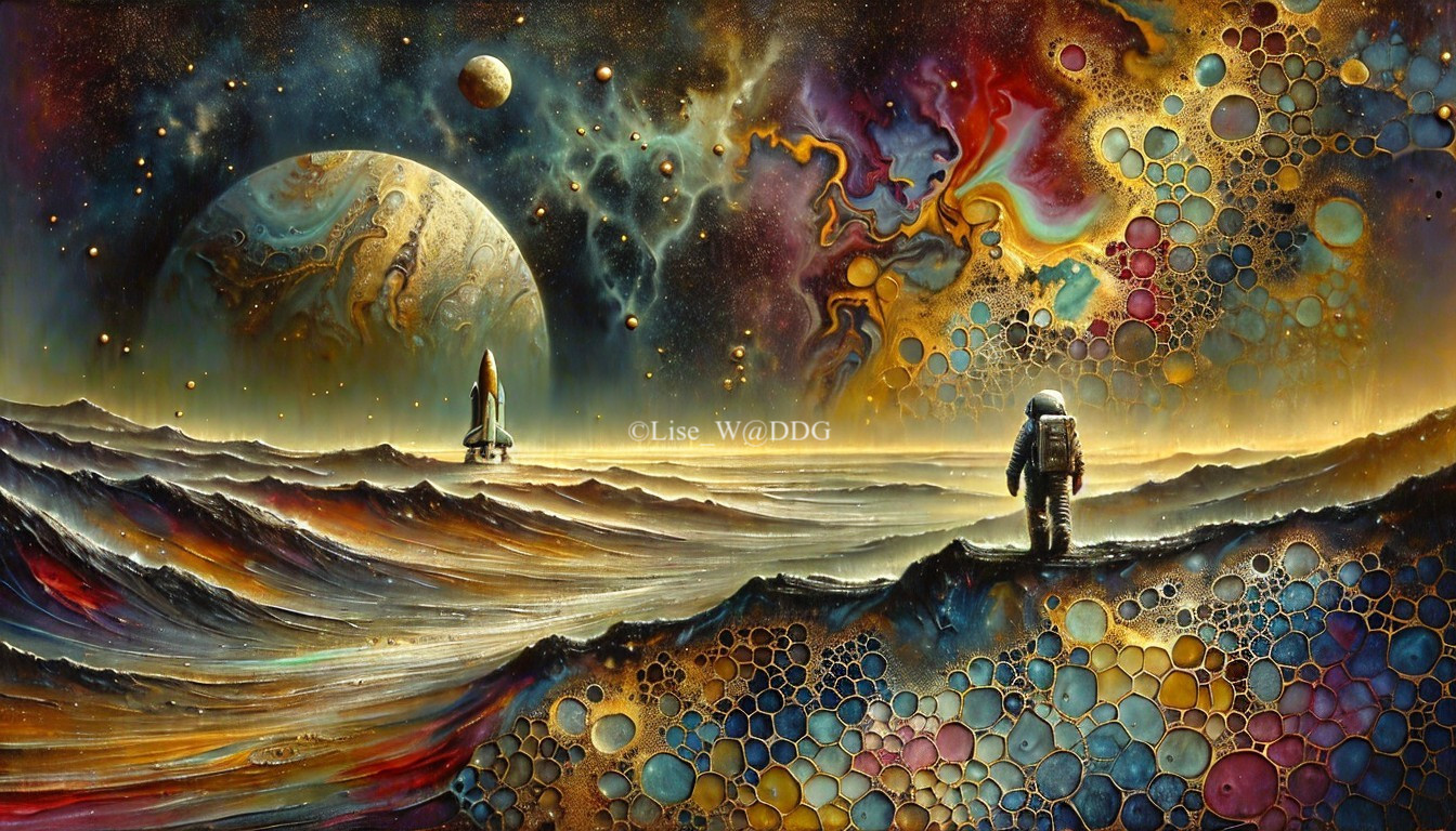 Vibrant Cosmic Landscape with Astronaut and Rocket