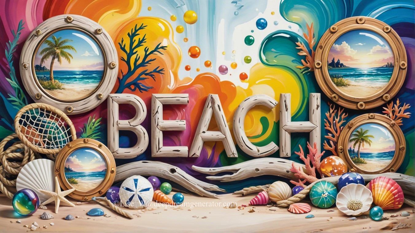 Whimsical Beach-Themed Illustration with Driftwood Letters