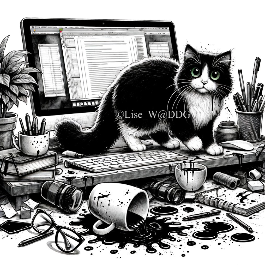 Whimsical Black-and-White Cat Illustration on Desk