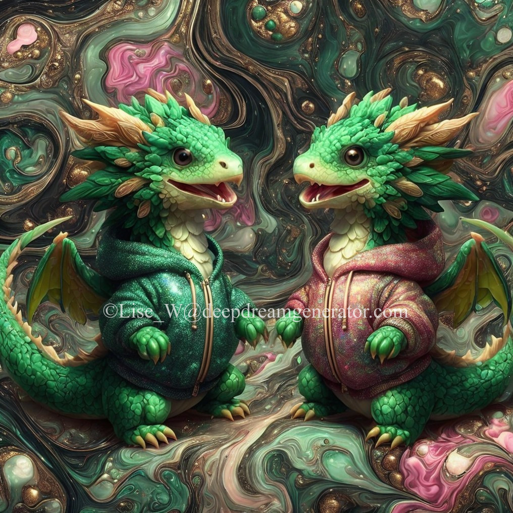 Whimsical Green Dragons on Swirled Marbled Background