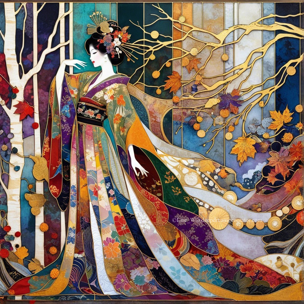 Elegant Kimono with Floral Patterns in Autumn Scene