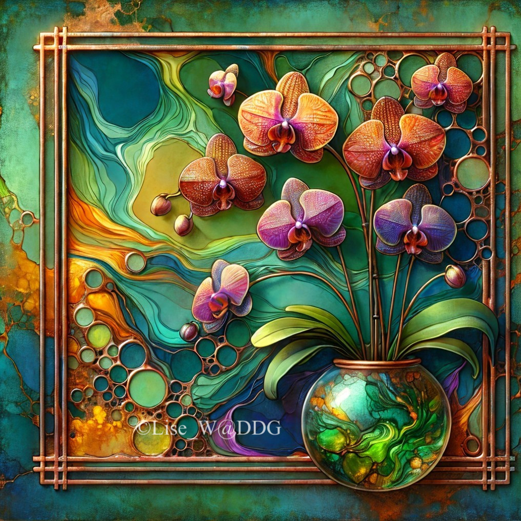 Abstract Artwork of Orchids in a Decorative Vase