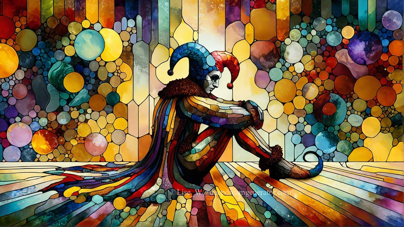Colorful jester in abstract vibrant setting with shapes