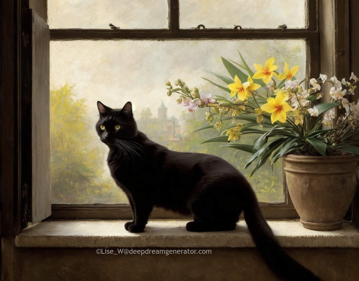 Black cat on windowsill with yellow flowers and town view