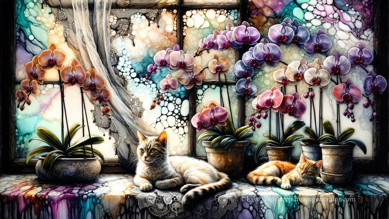Sunlit Windowsill with Orchids and Relaxed Cats