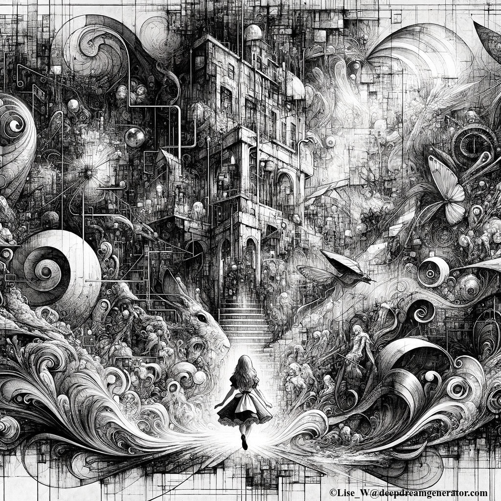 Monochrome intricate drawing of girl walking towards fantastical building