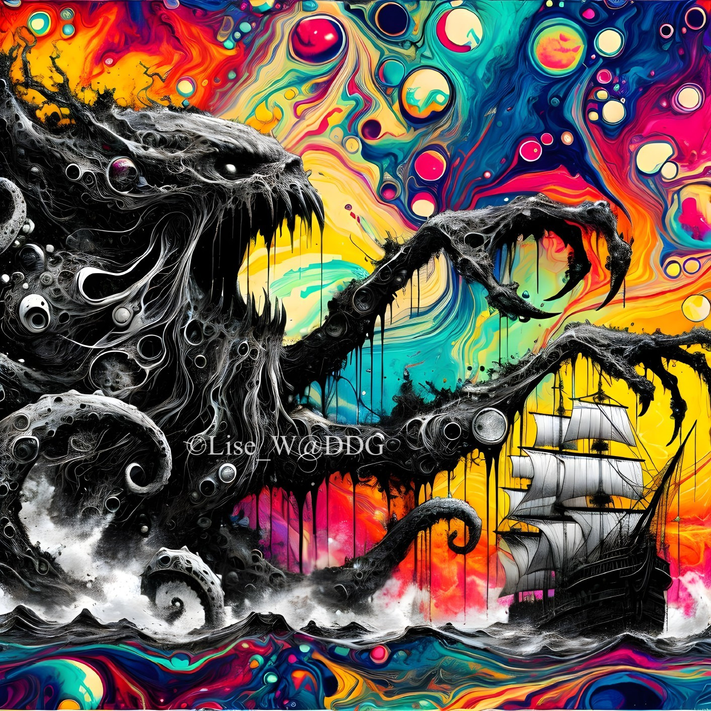 Surreal Scene of Tentacled Creature and Sailing Ship