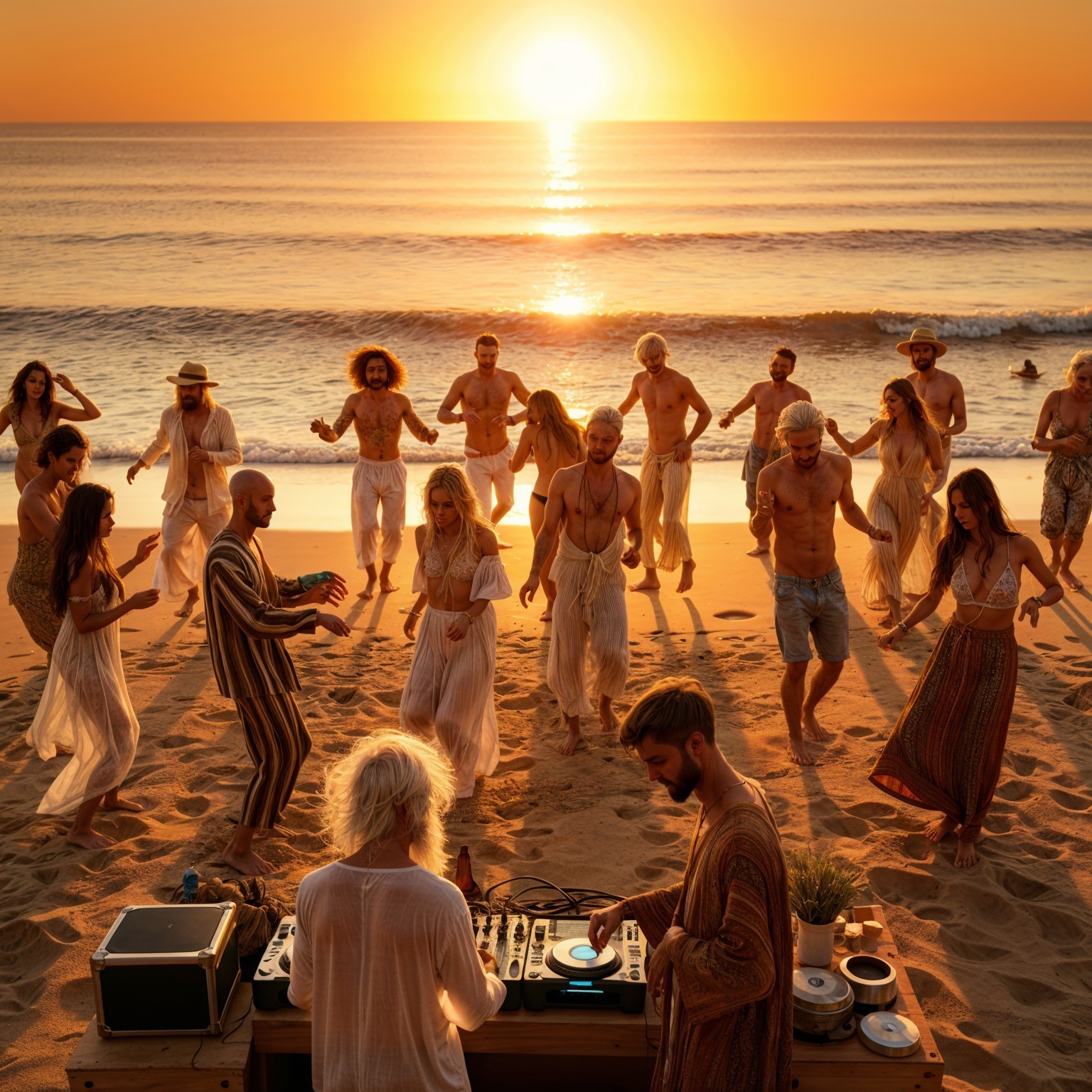 Vibrant Beach Sunset Dance Scene with DJ and Waves