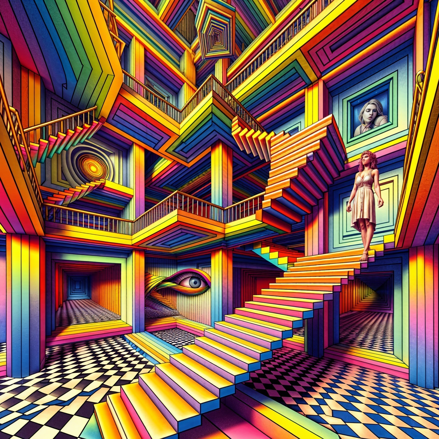 Surreal Multicolored Geometric Space with Staircases