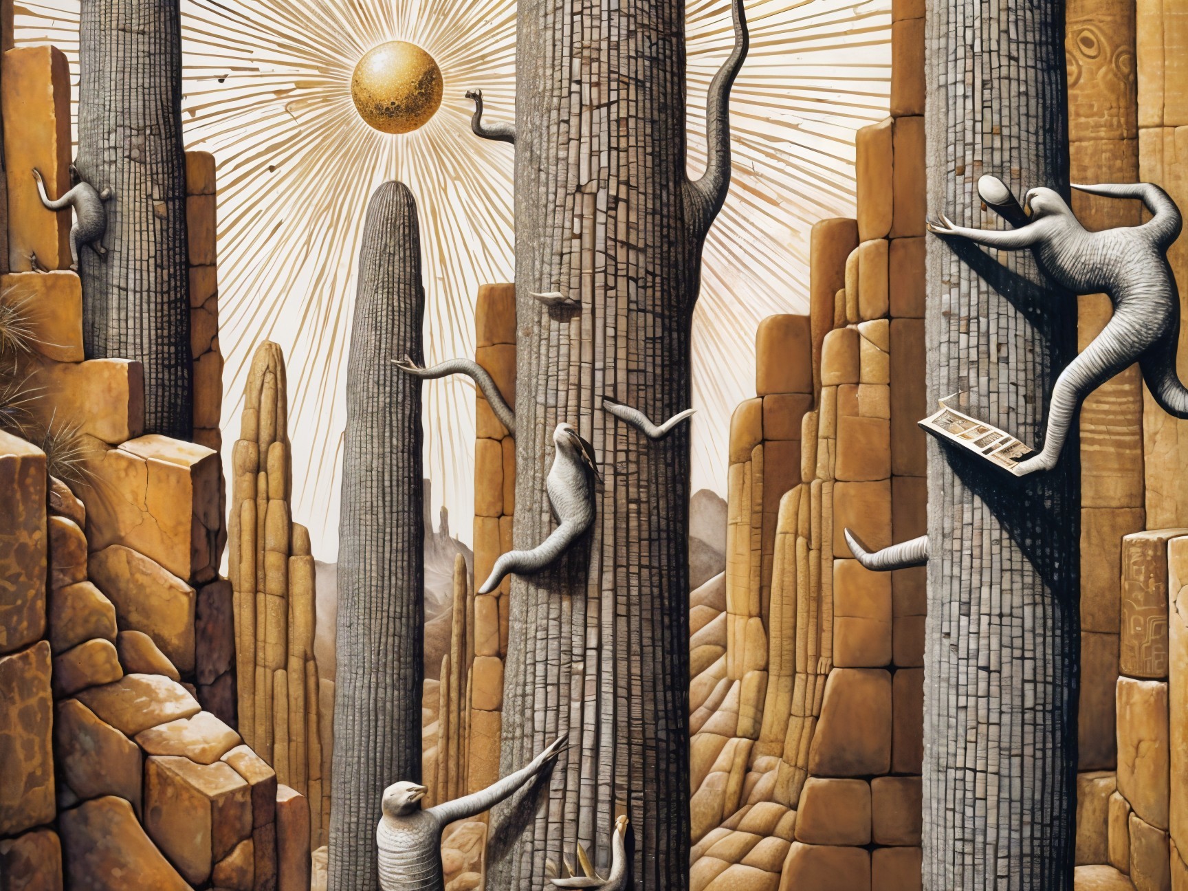 Surreal Landscape with Stone Pillars and Abstract Figures