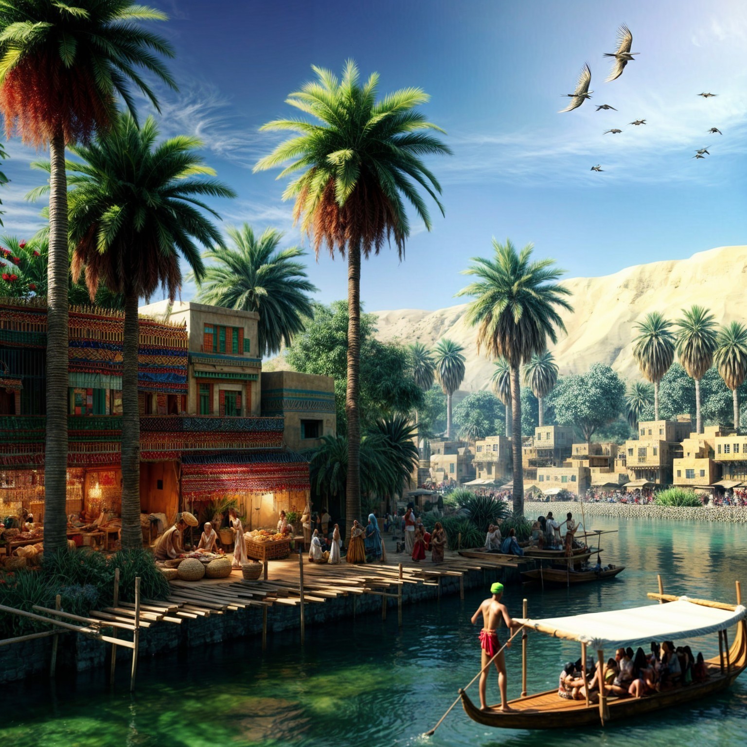 Ancient Riverside Settlement with Vibrant Marketplaces