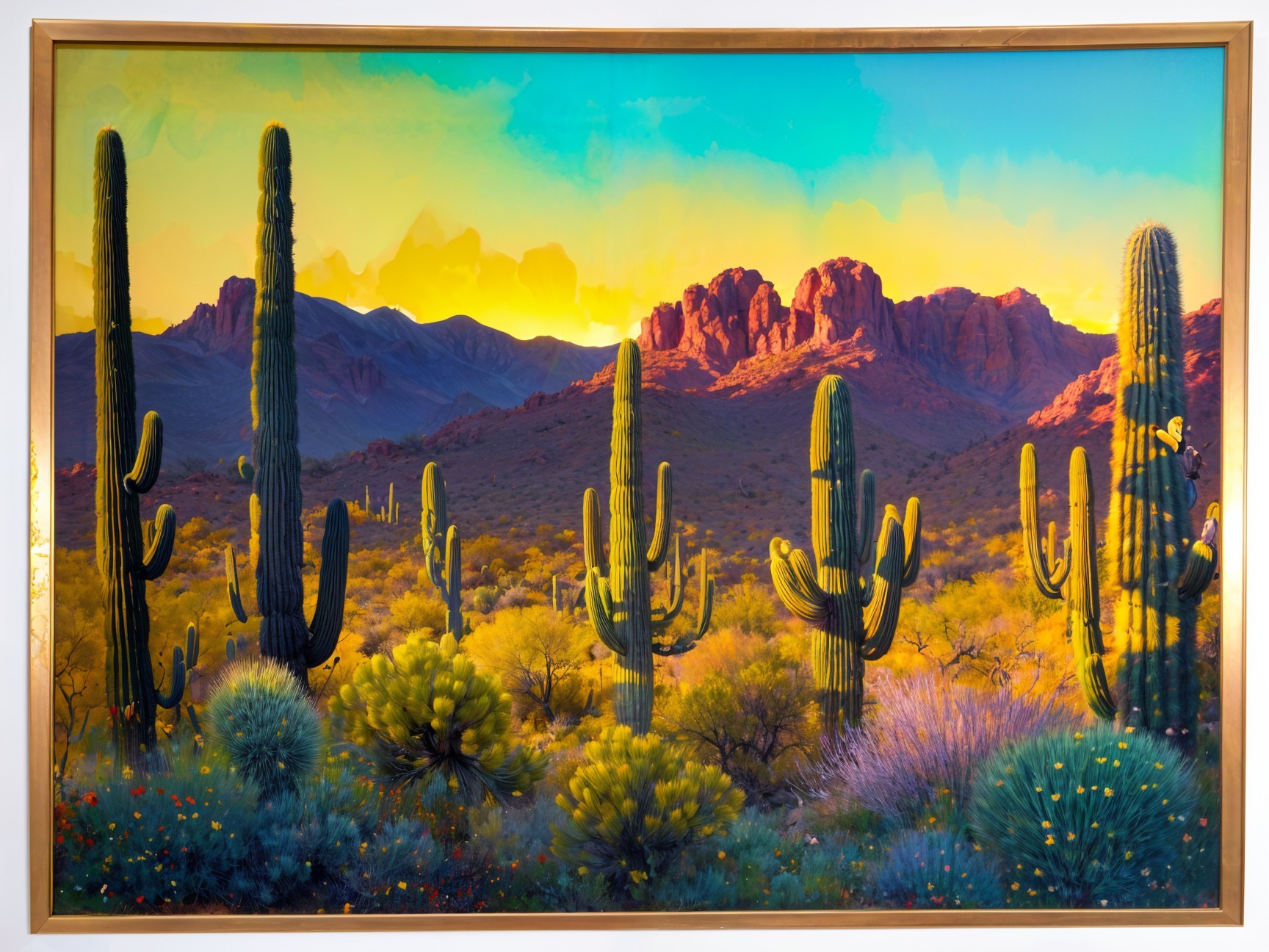 Vibrant Desert Landscape with Cacti and Mountains