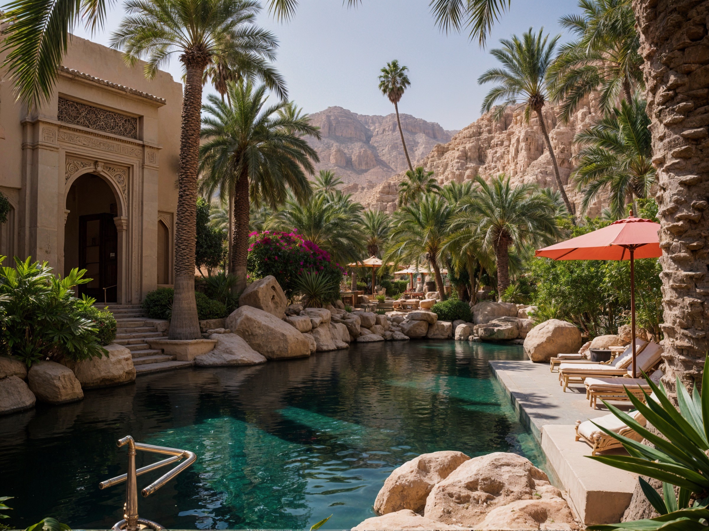 Serene Oasis with Pool, Palm Trees, and Mountains