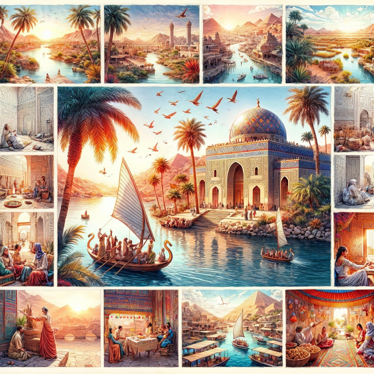 Ancient Civilization Scenes by a River at Sunset