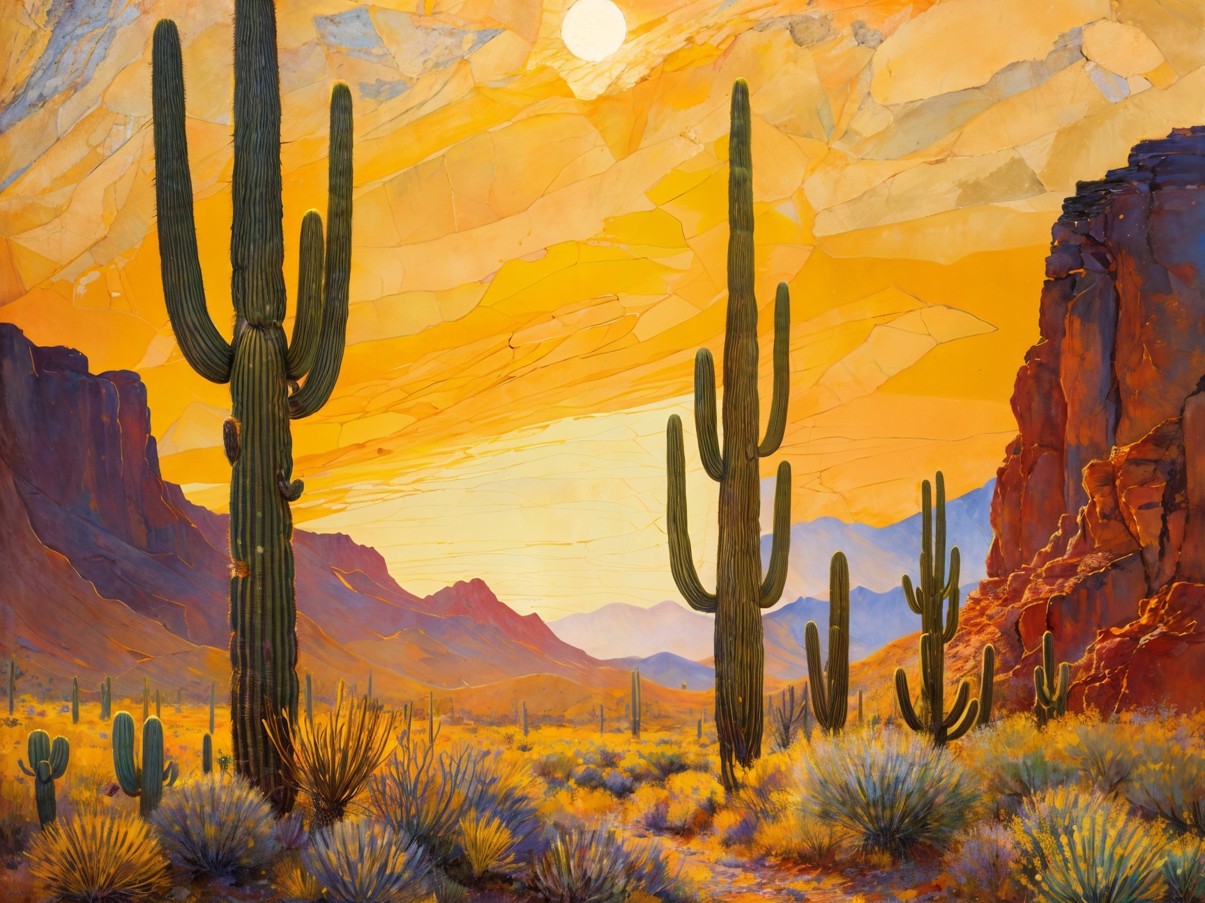 Vibrant Desert Landscape at Sunset with Cacti Silhouettes