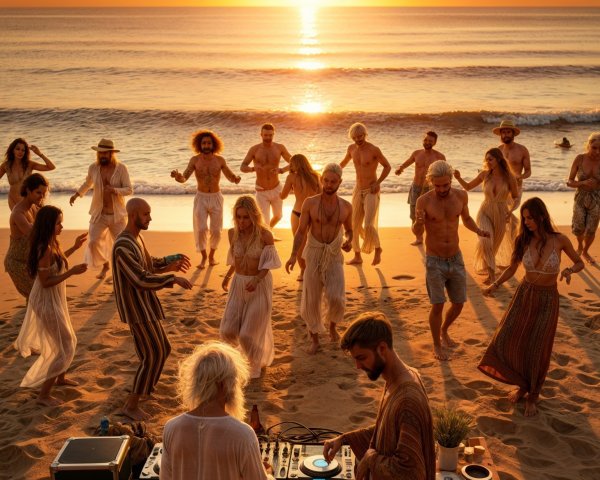 Vibrant Beach Sunset Dance Scene with DJ and Waves