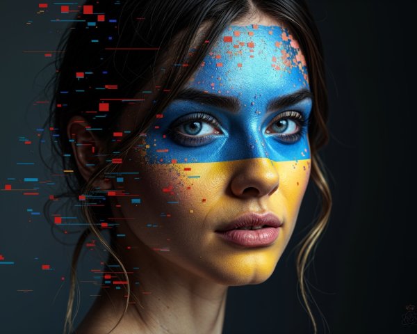 Young Woman with Ukrainian Flag Face Paint