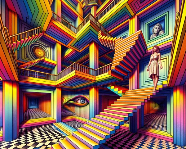Surreal Multicolored Geometric Space with Staircases