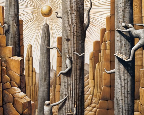 Surreal Landscape with Stone Pillars and Abstract Figures