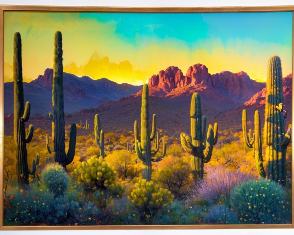 Vibrant Desert Landscape with Cacti and Mountains