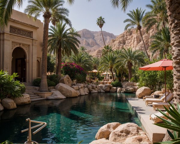 Serene Oasis with Pool, Palm Trees, and Mountains