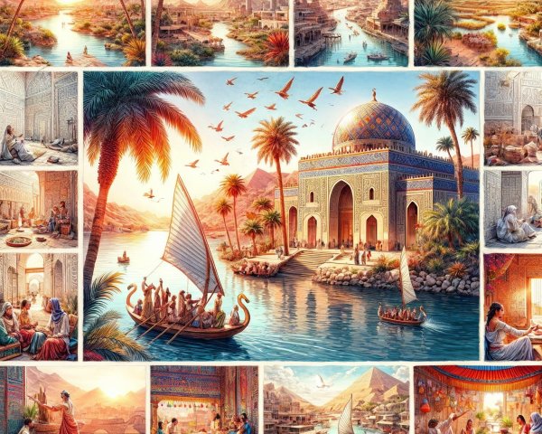 Ancient Civilization Scenes by a River at Sunset