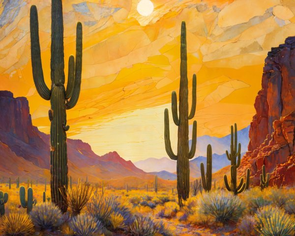 Vibrant Desert Landscape at Sunset with Cacti Silhouettes