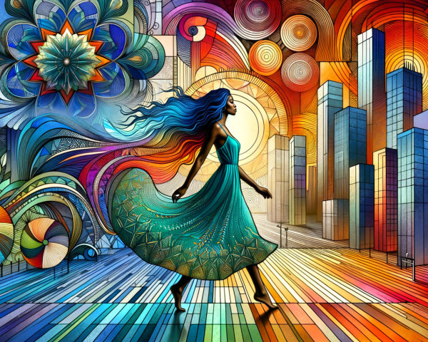 Colorful Cityscape with Woman in Flowing Dress