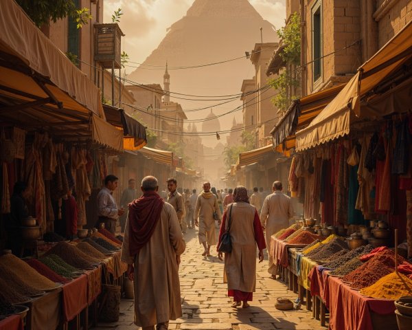 Vibrant Market Scene Near a Pyramid at Sunset