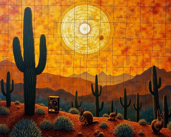 Vibrant Desert Landscape with Cacti and Rabbits