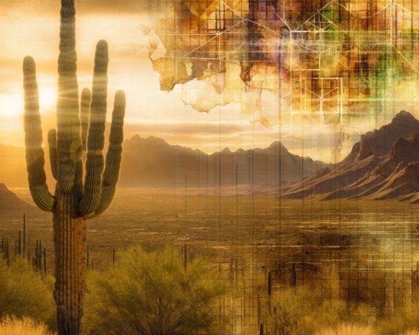 Desert Landscape at Sunset with Cactus and Mountains