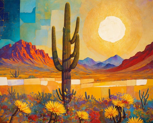 Vibrant Desert Landscape with Sunset and Cactus