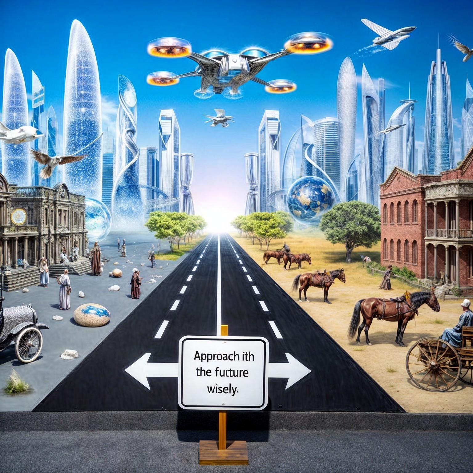 Mural of Historical Town and Futuristic Cityscape