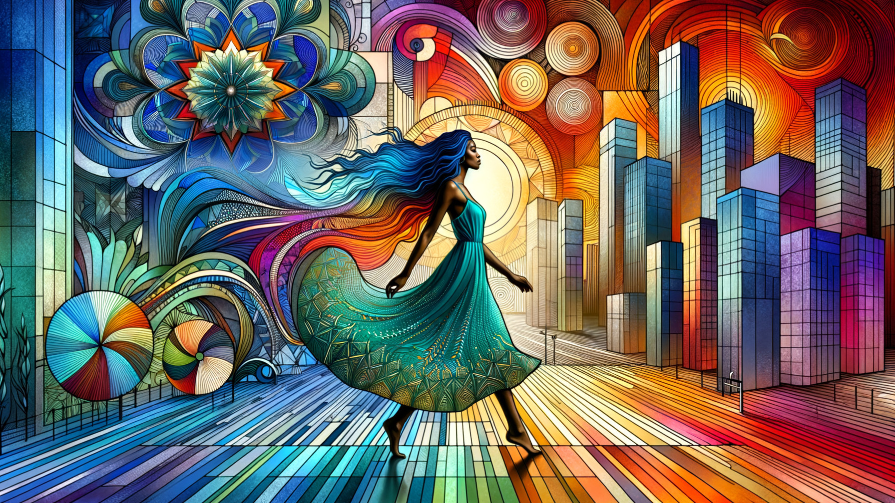 Colorful Cityscape with Woman in Flowing Dress