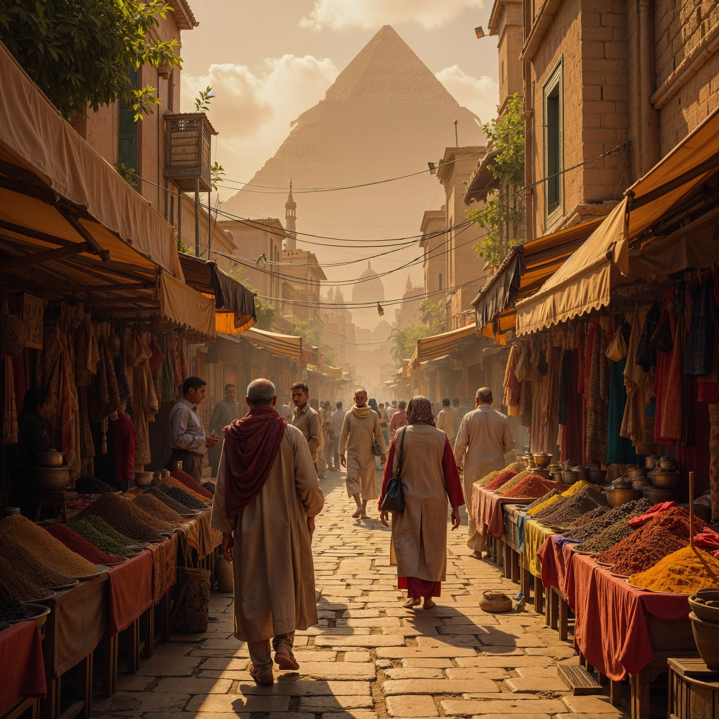 Vibrant Market Scene Near a Pyramid at Sunset