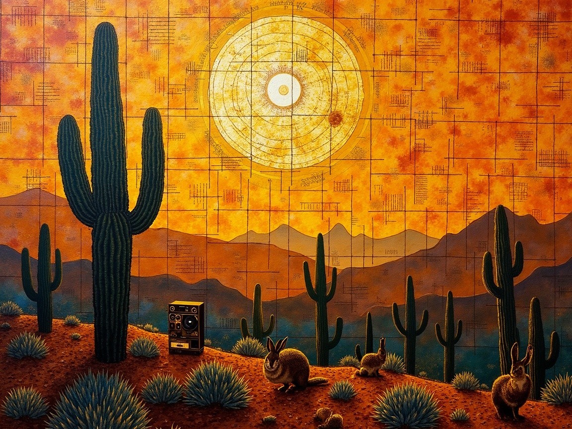 Vibrant Desert Landscape with Cacti and Rabbits